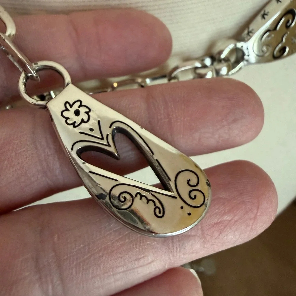 Brighton Braided Leather Silver Tone Chain Belt Size Medium Heart Medallion